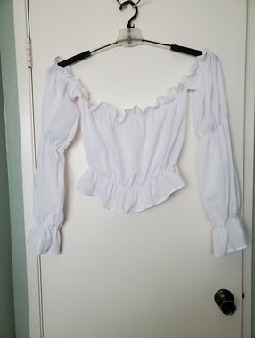 Cropped Snowy White Milkmaid Top Off Shoulder Long Puff Sleeve Ruffles Size L